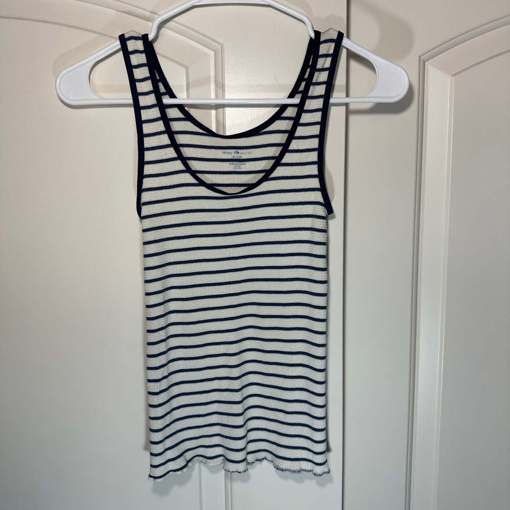 Brandy Melville Tank Top Womens Cotton White Blue Striped Ribbed‎ Lettuce Hem
